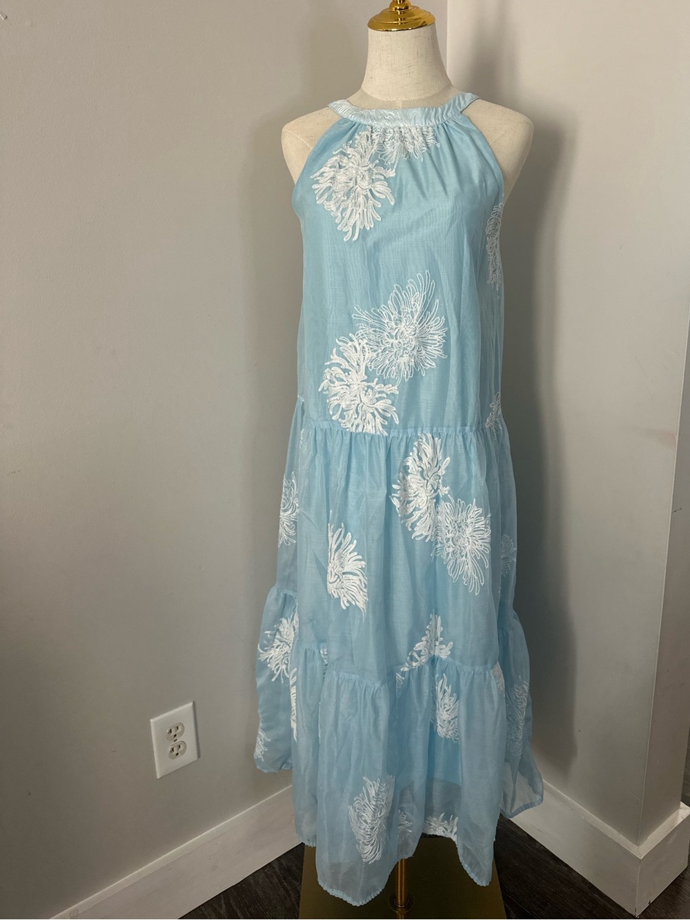 Light Blue Halter Maxi Dress with White Floral Embroidery-Small